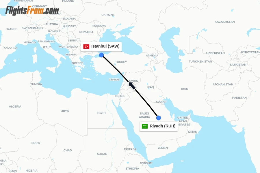 Flights from Riyadh to Istanbul route map