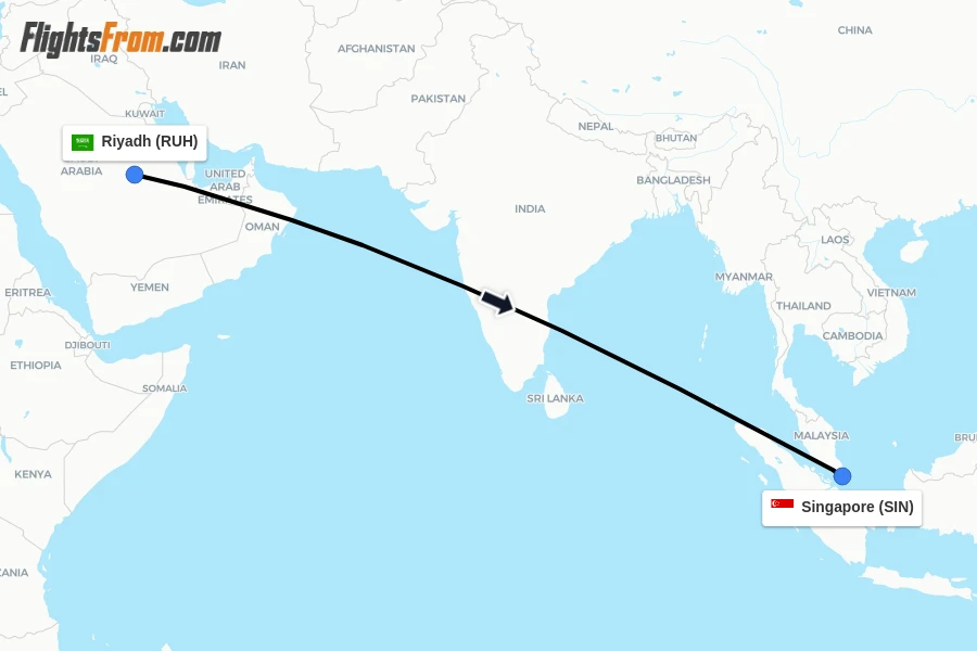 Flights from Riyadh to Singapore route map