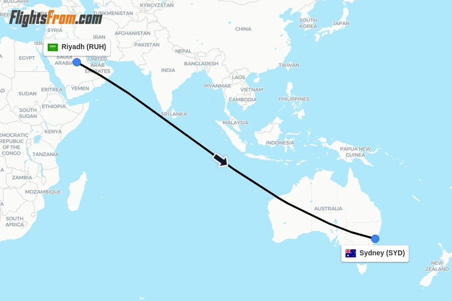 Flights from Riyadh to Sydney route map