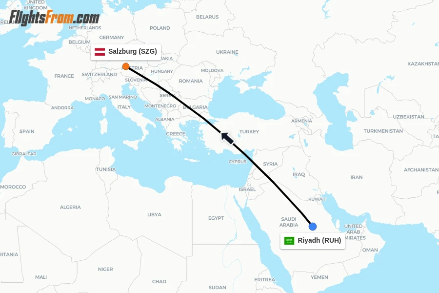 Flights from Riyadh to Salzburg route map