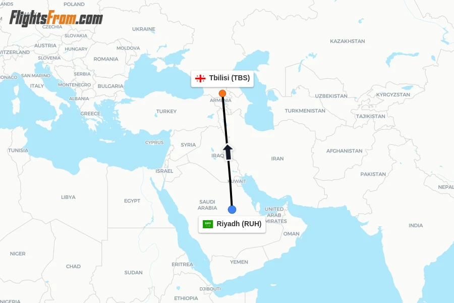 Flights from Riyadh to Tbilisi route map