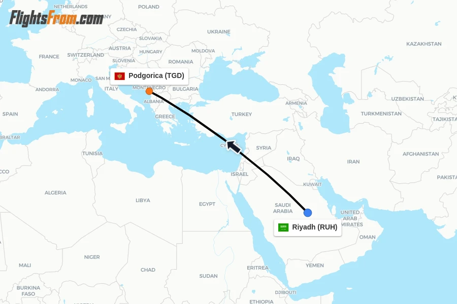 Flights from Riyadh to Podgorica route map