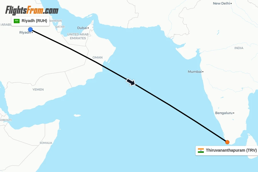 Flights from Riyadh to Thiruvananthapuram route map