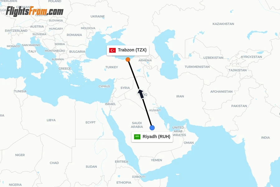 Flights from Riyadh to Trabzon route map