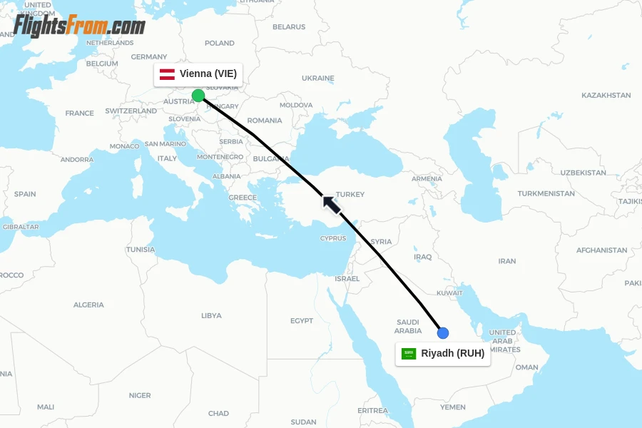 Flights from Riyadh to Vienna route map