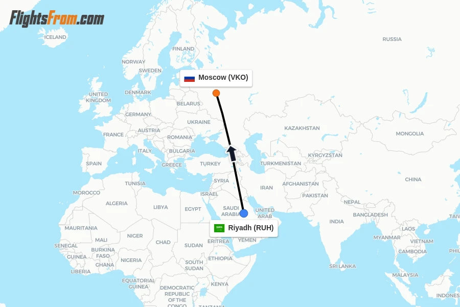 Flights from Riyadh to Moscow route map