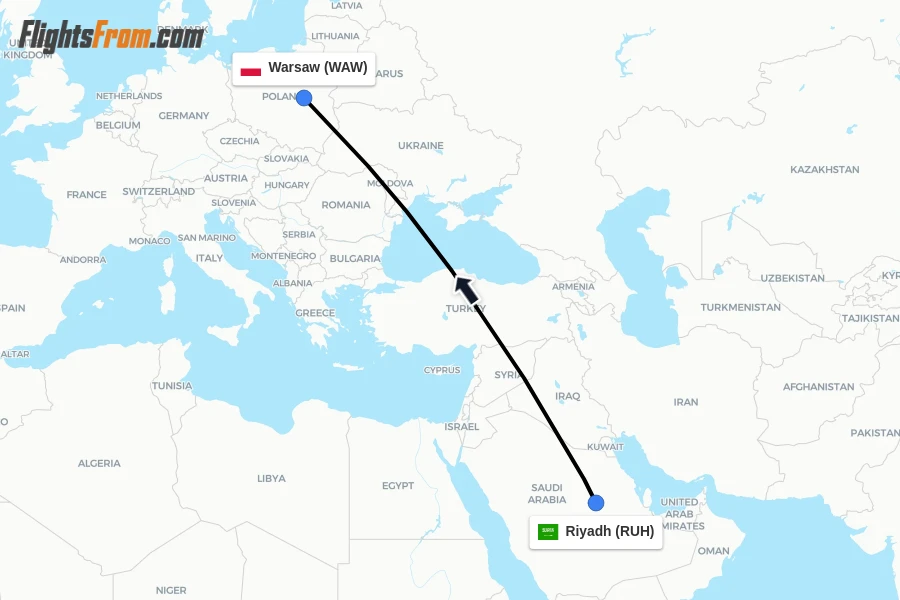 Flights from Riyadh to Warsaw route map