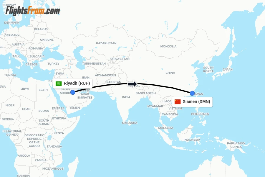 Flights from Riyadh to Xiamen route map