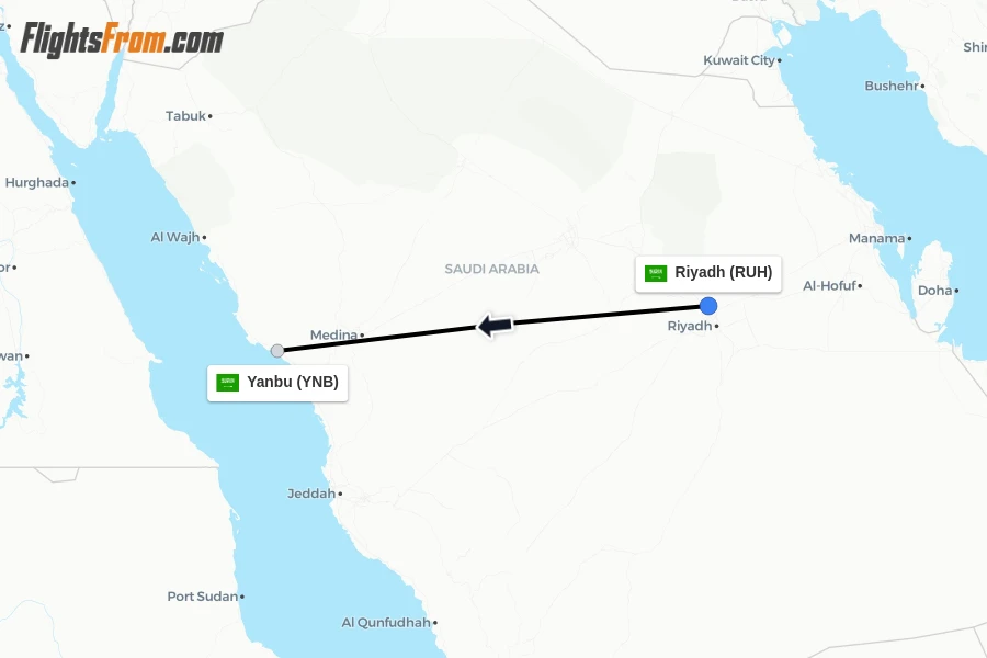 Flights from Riyadh to Yanbu route map