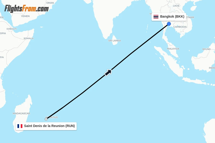 Flights from Saint Denis de la Reunion to Bangkok route map