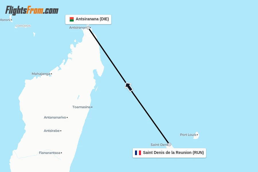 Flights from Saint Denis de la Reunion to Antsiranana route map