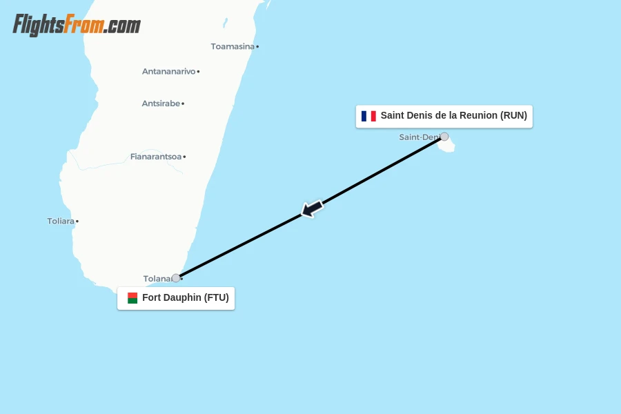 Flights from Saint Denis de la Reunion to Fort Dauphin route map