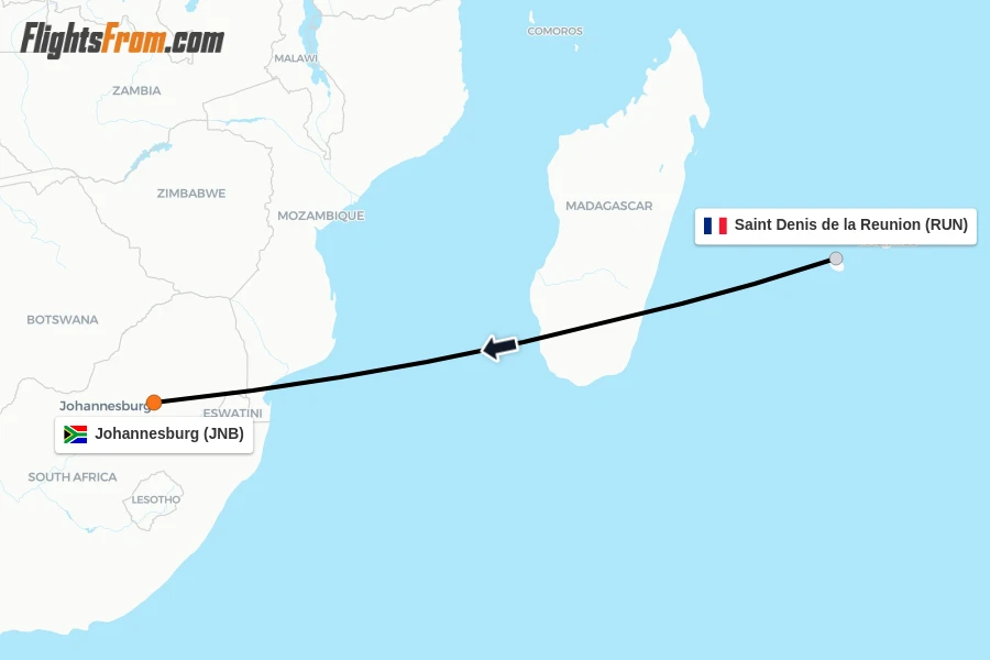 Flights from Saint Denis de la Reunion to Johannesburg route map