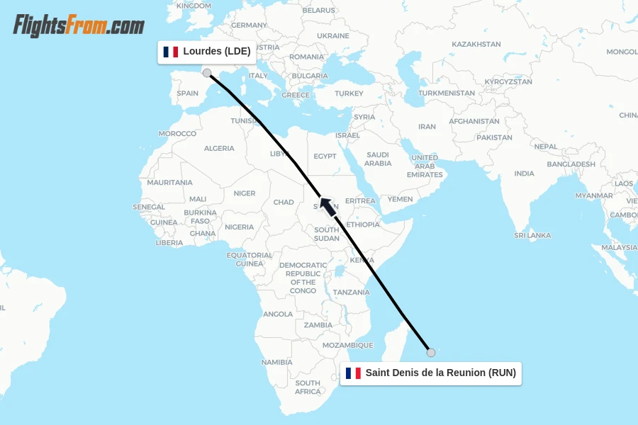 Flights from Saint Denis de la Reunion to Lourdes route map