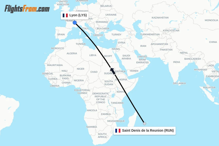 Flights from Saint Denis de la Reunion to Lyon route map