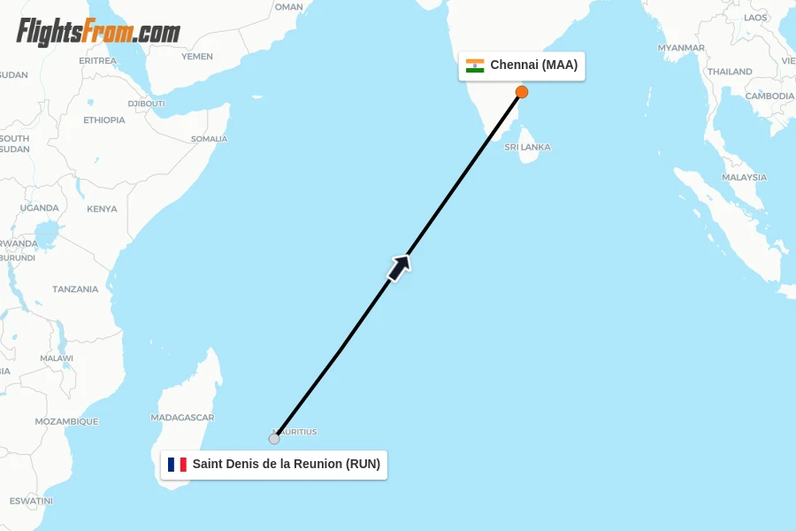 Flights from Saint Denis de la Reunion to Chennai route map