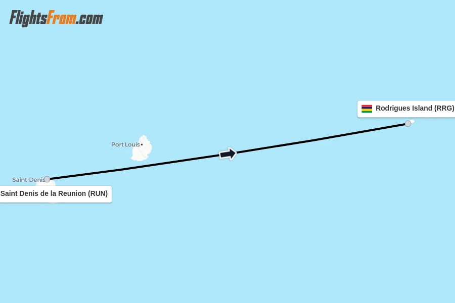 Flights from Saint Denis de la Reunion to Rodrigues Island route map