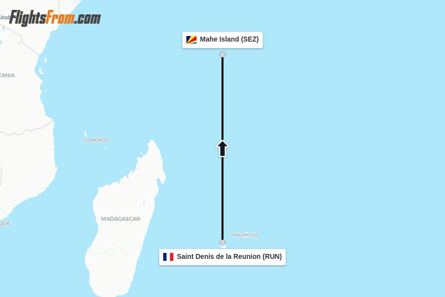 Flights from Saint Denis de la Reunion to Mahe Island route map