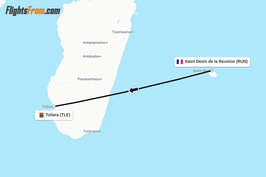 Flights from Saint Denis de la Reunion to Toliara route map
