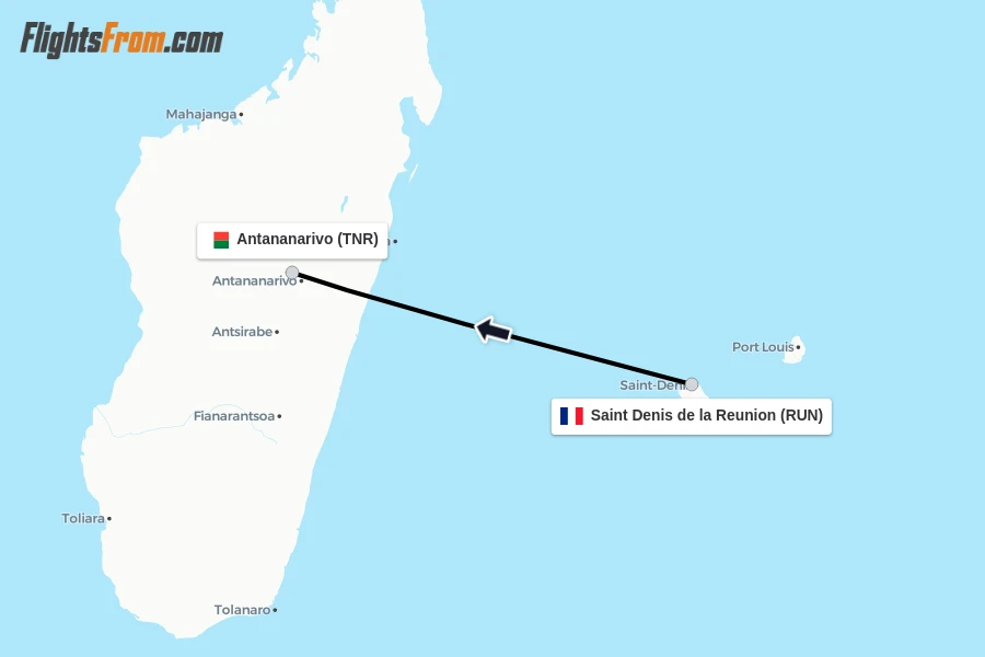 Flights from Saint Denis de la Reunion to Antananarivo route map