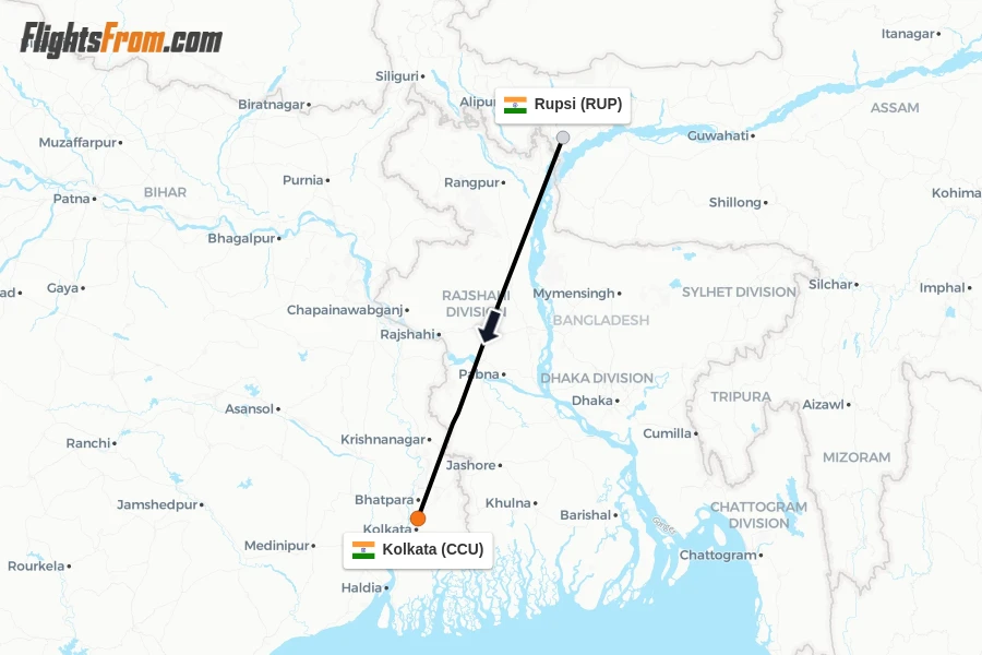 Flights from Rupsi to Kolkata route map