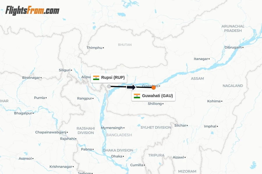 Flights from Rupsi to Guwahati route map