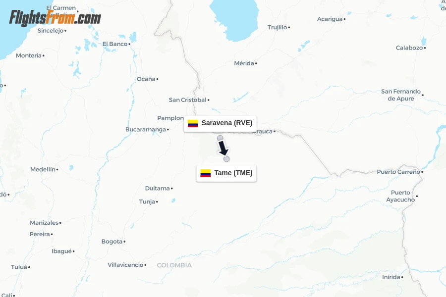 Flights from Saravena to Tame route map