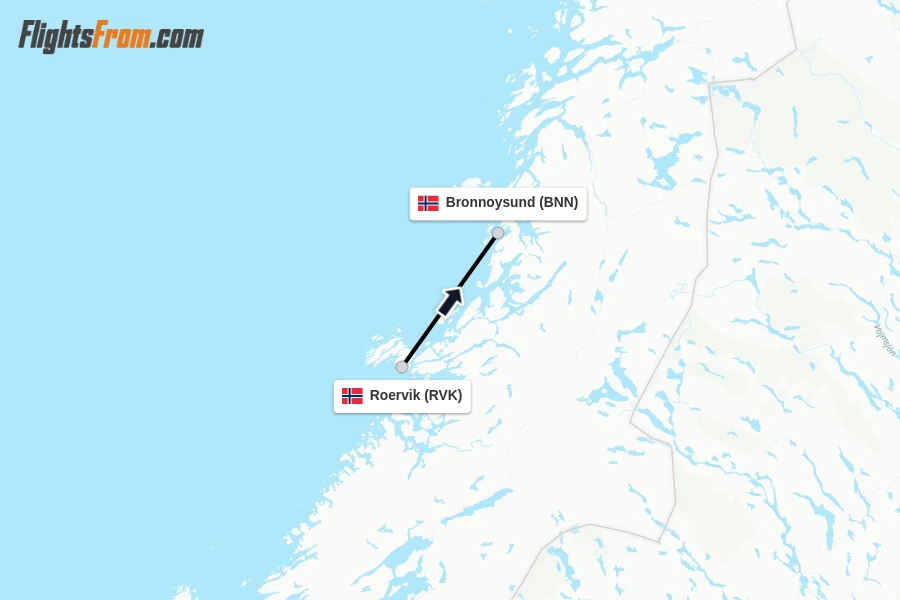 Flights from Roervik to Bronnoysund route map