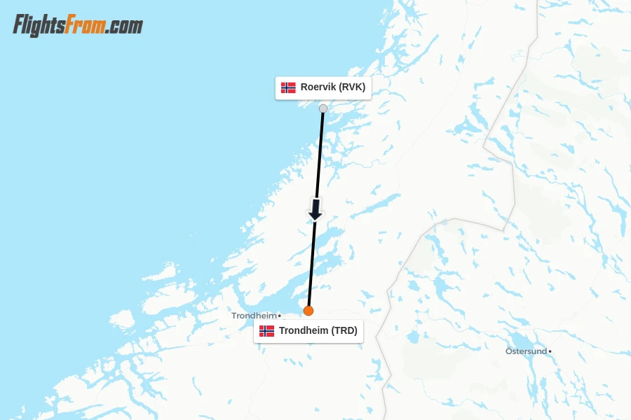 Flights from Roervik to Trondheim route map