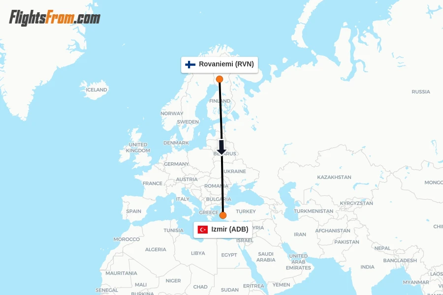 Flights from Rovaniemi to Izmir route map