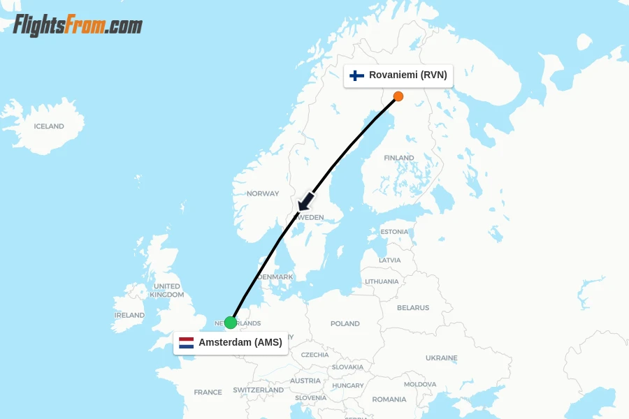 Flights from Rovaniemi to Amsterdam route map