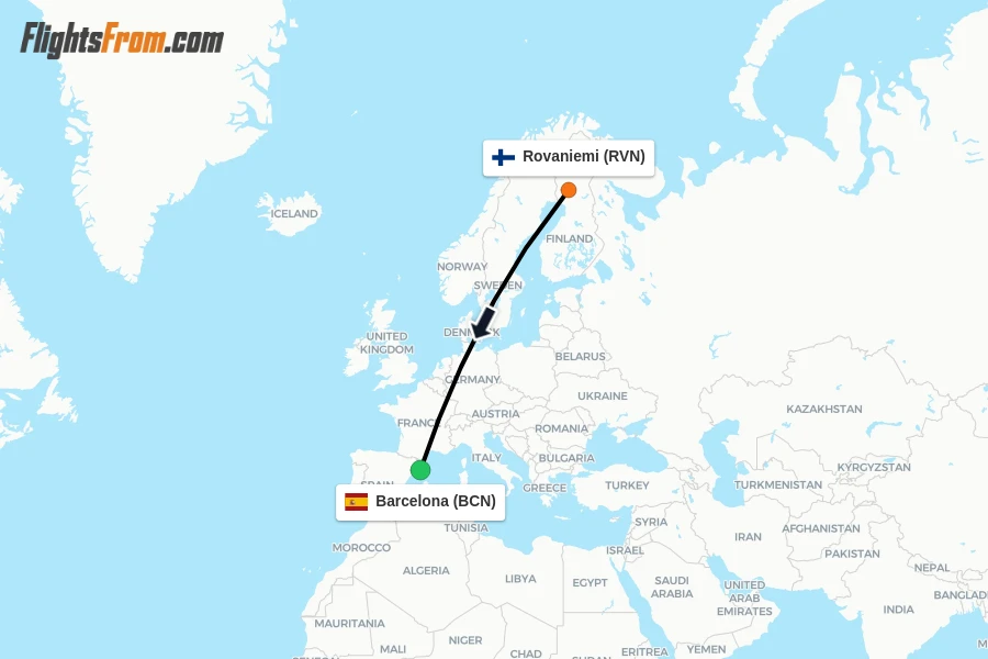 Flights from Rovaniemi to Barcelona route map