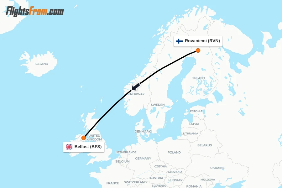 Flights from Rovaniemi to Belfast route map