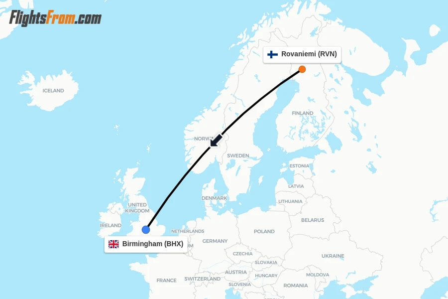 Flights from Rovaniemi to Birmingham route map