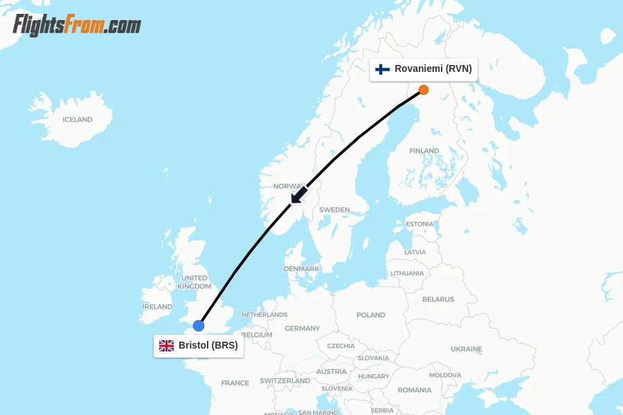 Flights from Rovaniemi to Bristol route map