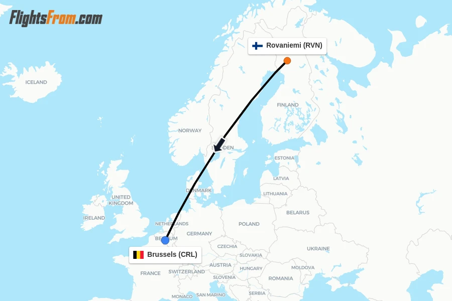 Flights from Rovaniemi to Brussels route map