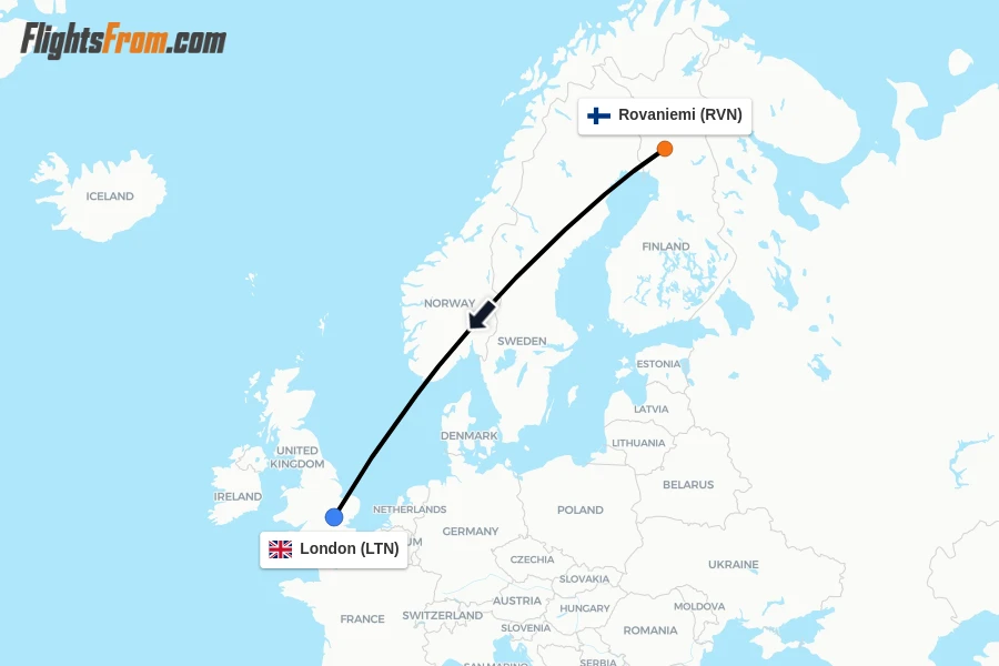 Flights from Rovaniemi to London route map