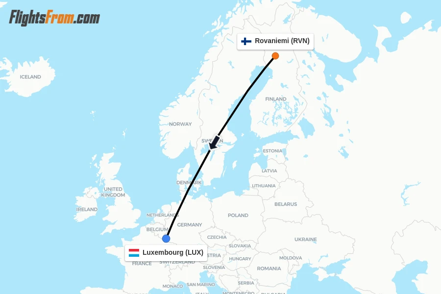 Flights from Rovaniemi to Luxembourg route map