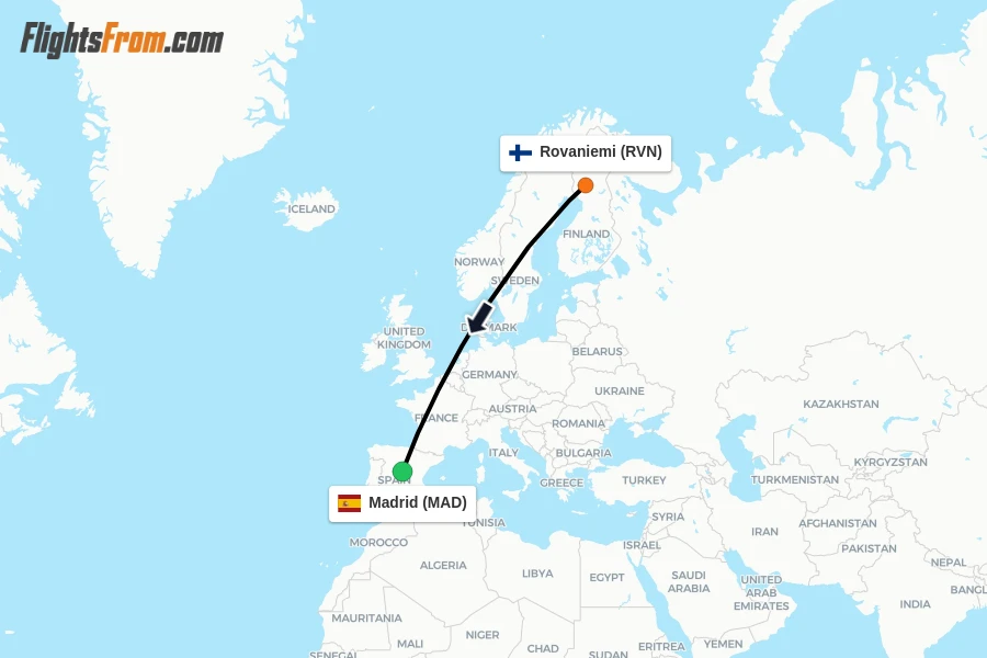 Flights from Rovaniemi to Madrid route map