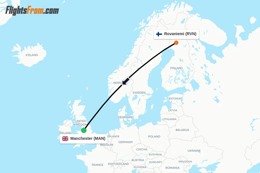 Flights from Rovaniemi to Manchester route map