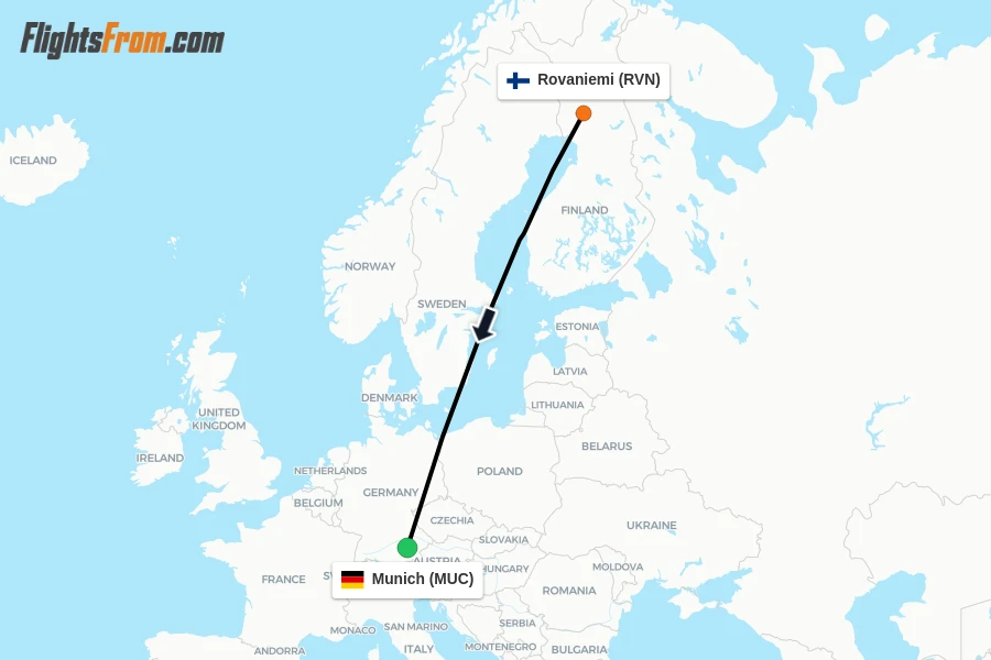 Flights from Rovaniemi to Munich route map