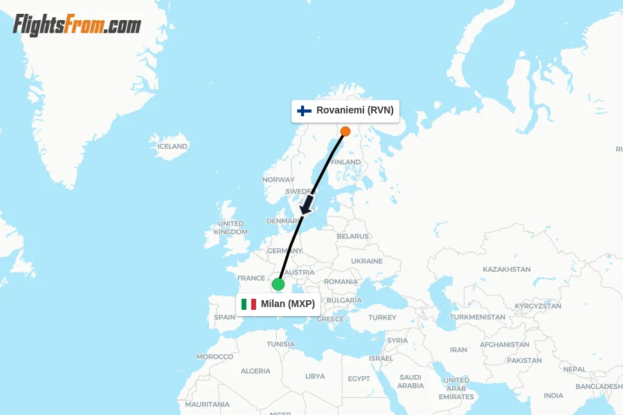 Flights from Rovaniemi to Milan route map