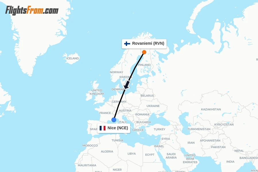 Flights from Rovaniemi to Nice route map