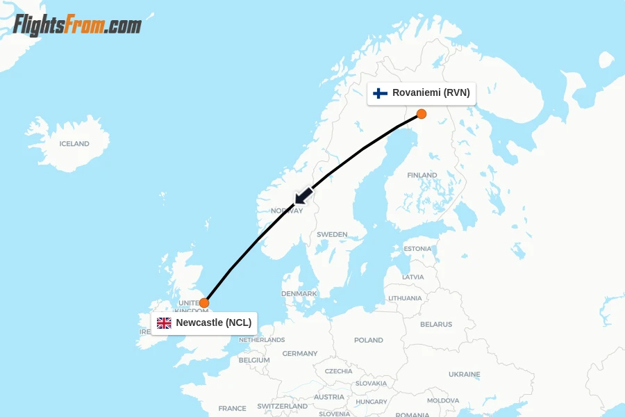 Flights from Rovaniemi to Newcastle route map