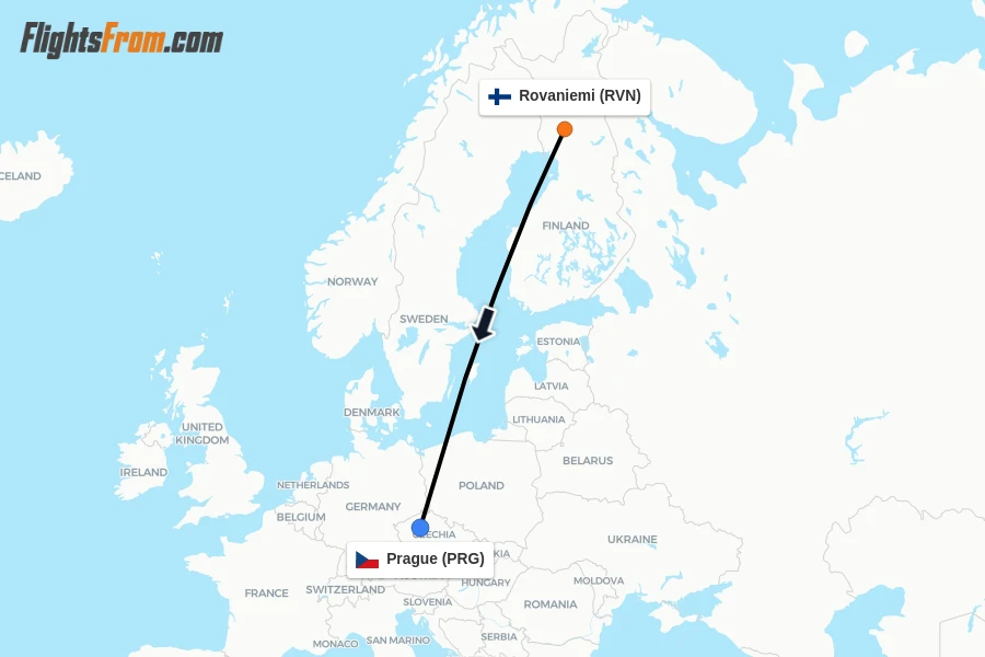 Flights from Rovaniemi to Prague route map