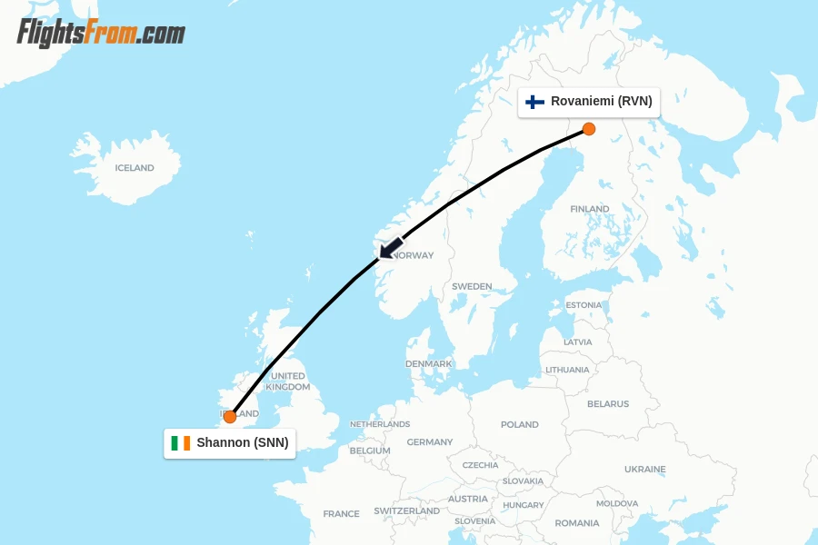 Flights from Rovaniemi to Shannon route map