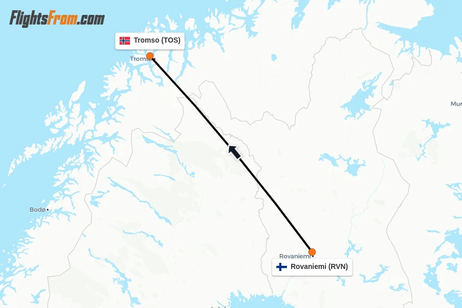 Flights from Rovaniemi to Tromso route map