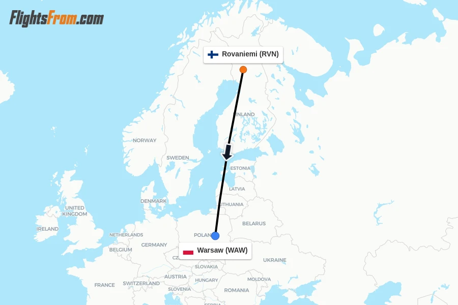 Flights from Rovaniemi to Warsaw route map