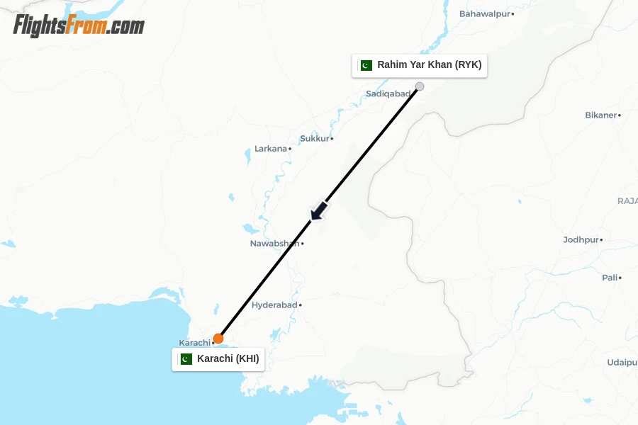 Flights from Rahim Yar Khan to Karachi route map