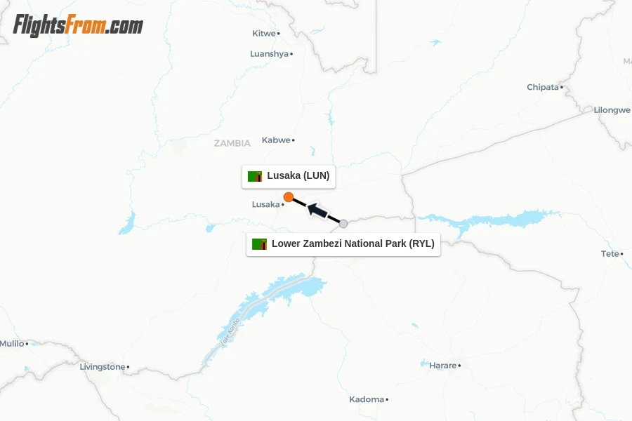 Flights from Lower Zambezi National Park to Lusaka route map